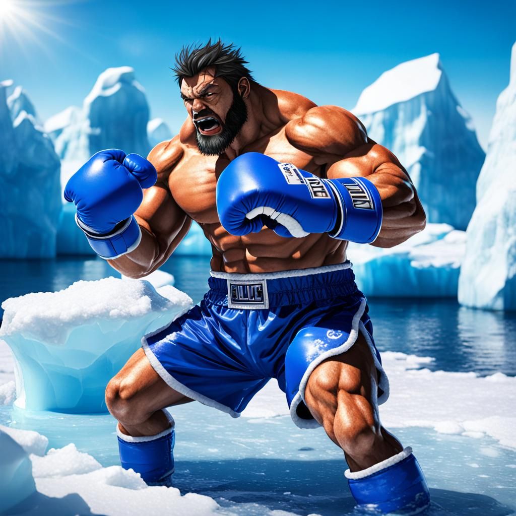 Eskimo Boxer on Iceberg in 3D Anime Style