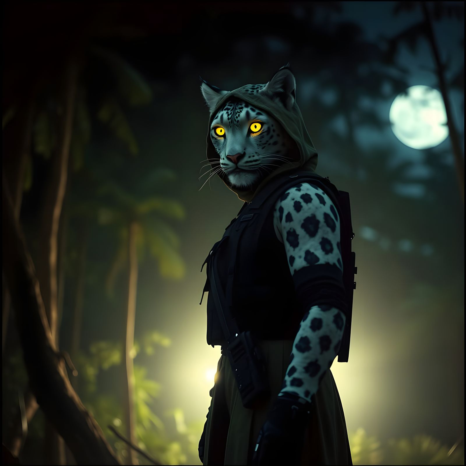Snow Leopard Vampire Soldier in Amazonian Forest