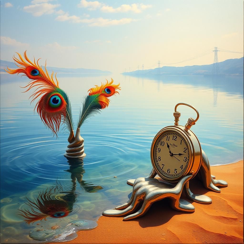 Surreal Peacock Feathers and Melted Clocks in Dreamscape