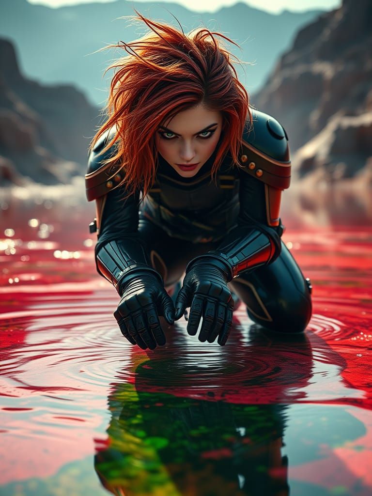 Female Mercenary Dips Fingers into Acid Lake in Bright Sunli...