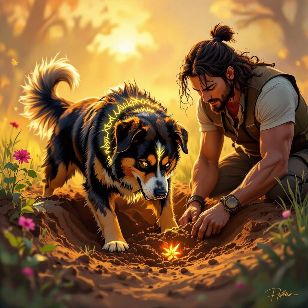 Muscular Magic Dog Digs Hole for Flower in Golden Light
