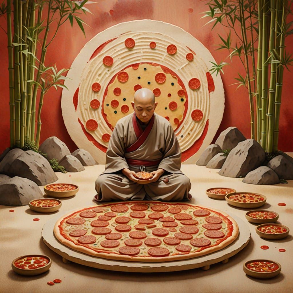 Pizza Zen Garden: Monk Meditates in Dough, Ink Wash Style