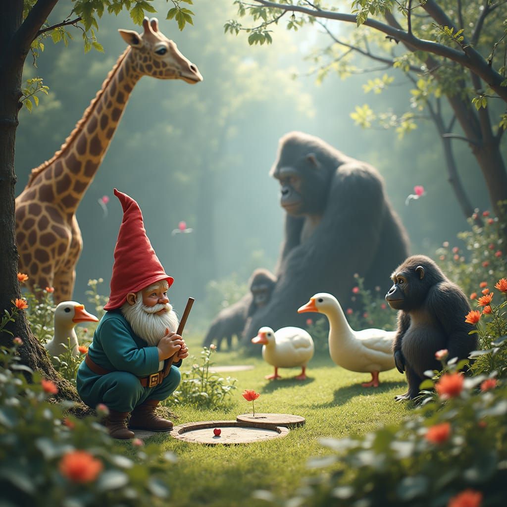 Garden Gnome's Whimsical Golf Game in Dreamy Landscape