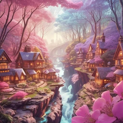 Enchanted Forest Urban Sketch with Fairy Village