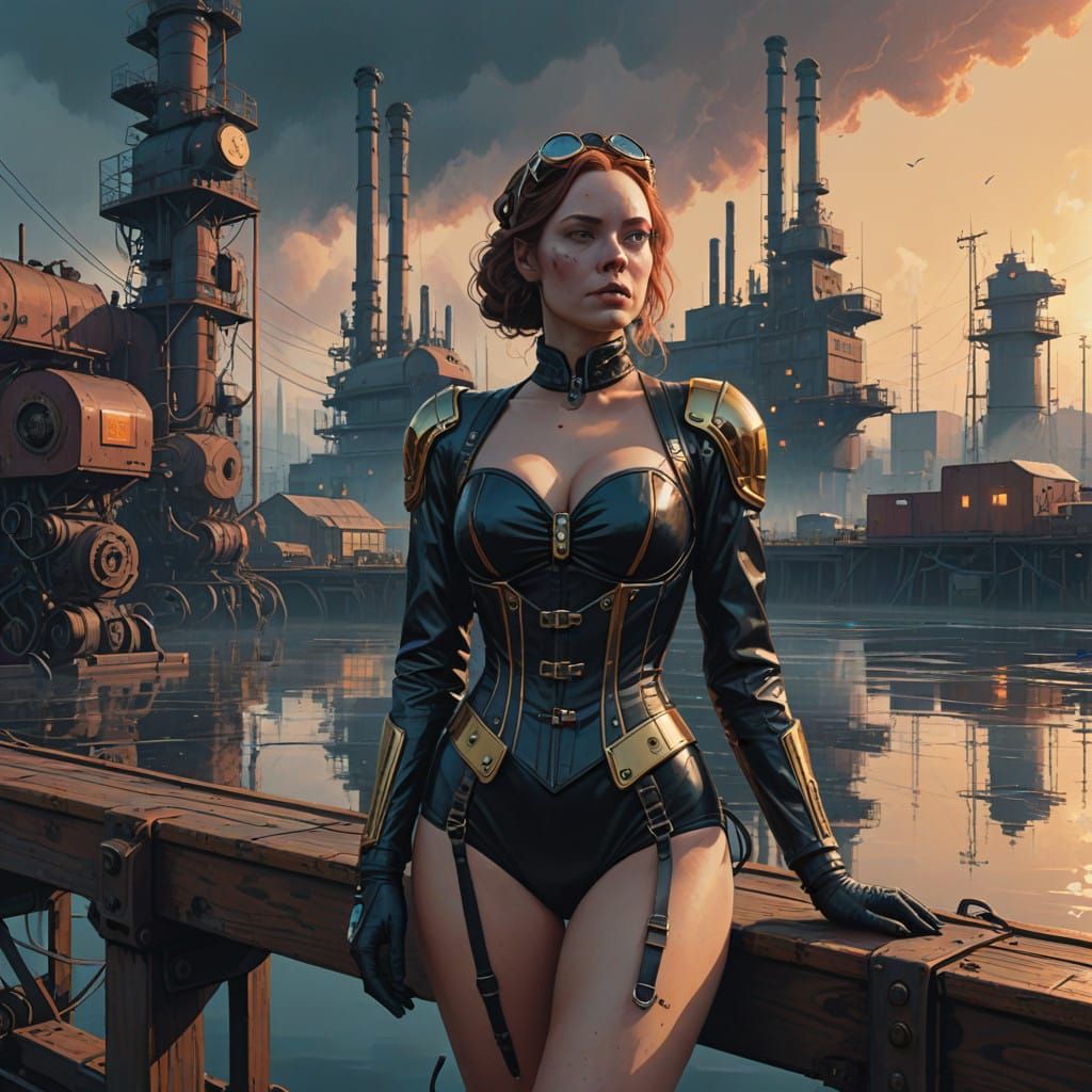 Sultry Steampunk Siren on Industrial Dock