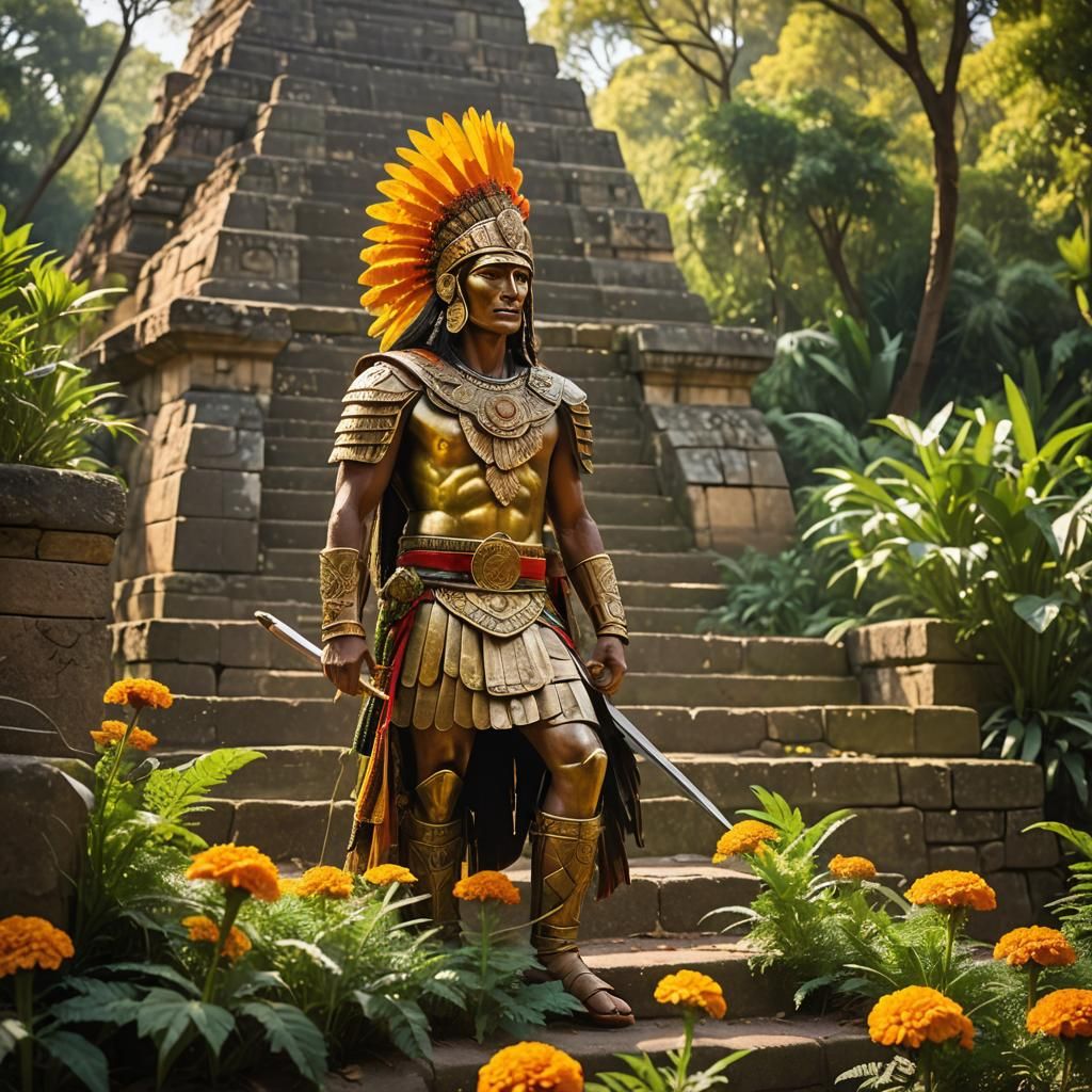 Aztec Warrior and Temple Ruins in Golden Light