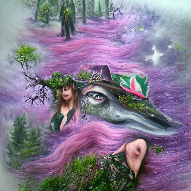 Iridescent Witch in Pink Forest Under Grey Moon