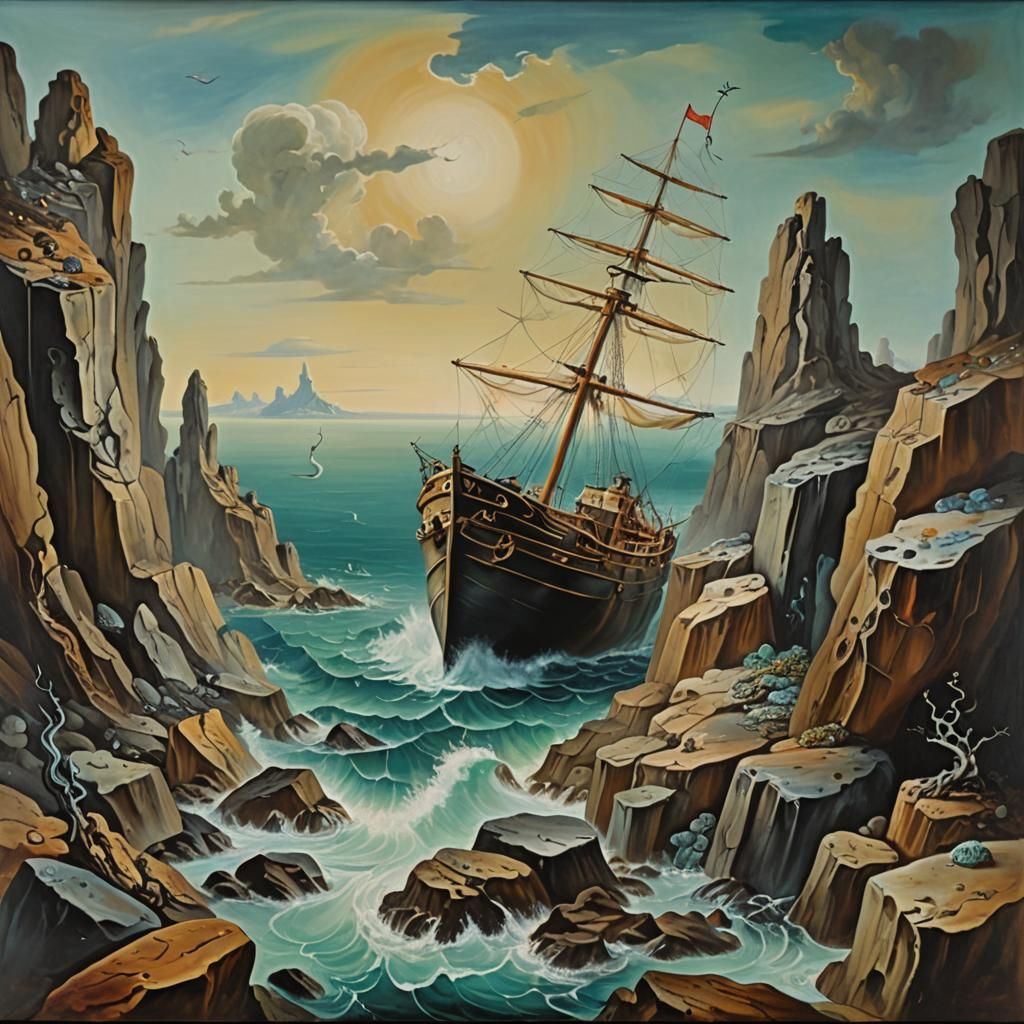 Surreal Mermaid Luring Ship, Dali-esque Oil Painting