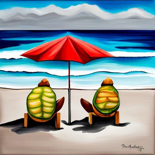 Realistic Beach Scene with Turtle and Umbrella