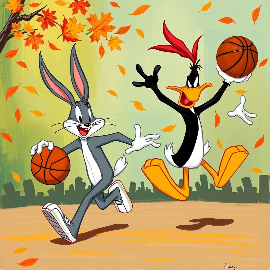 Bugs Bunny Dominates Daffy Duck in a Vibrant Autumn Basketba...