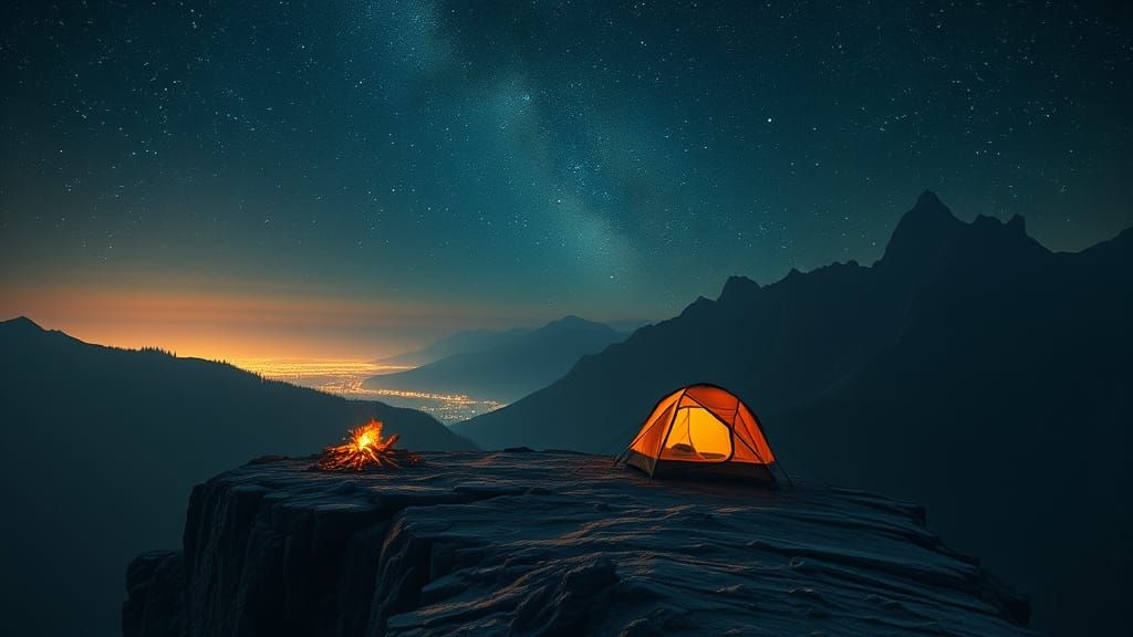 Serene Camper Under Starry Sky, Digital Painting