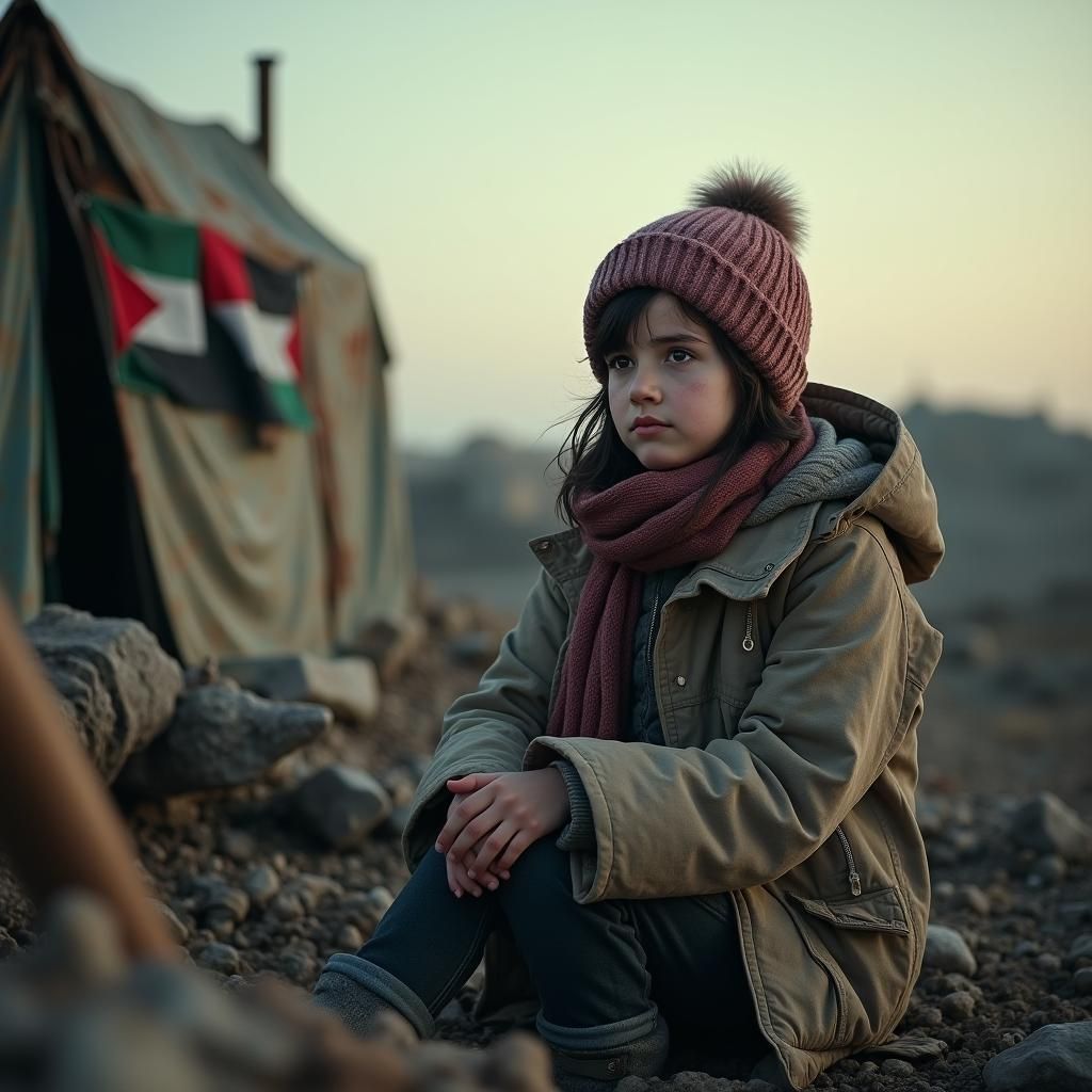 Melancholy Refugee Girl in War-Torn Landscape