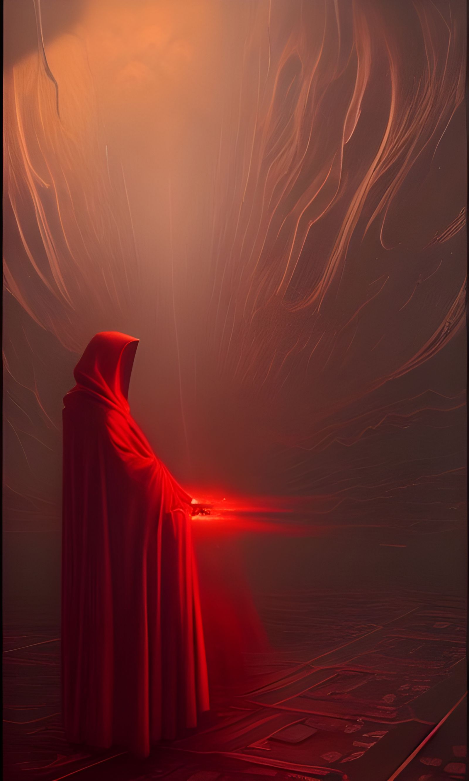 Red Cloaked Figure in Dining Room, Hyperdetailed Art