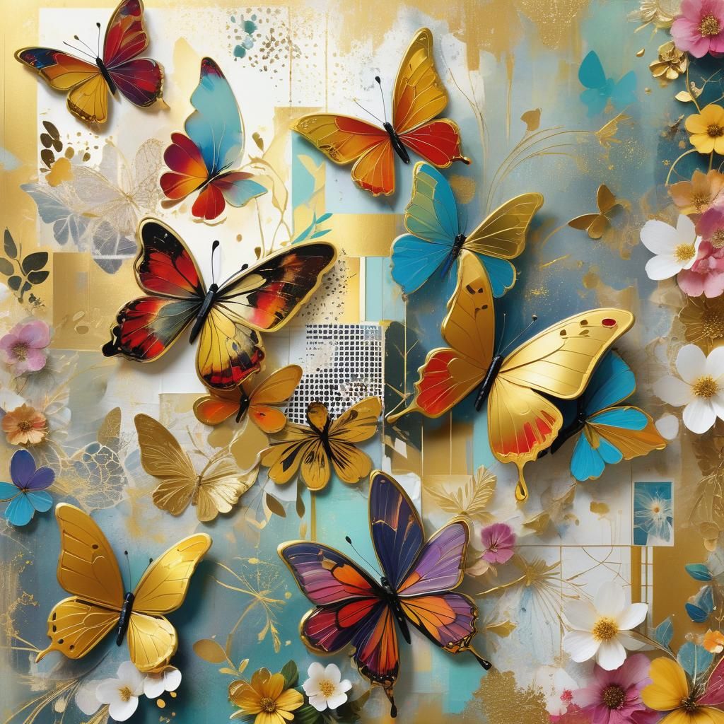 Vibrant Scrapbook Collage with Butterflies and Gold Accents