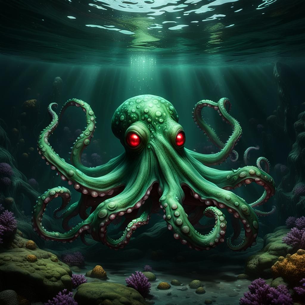 Giant Green Octopus Monster in Deep Water: Fantasy Art
