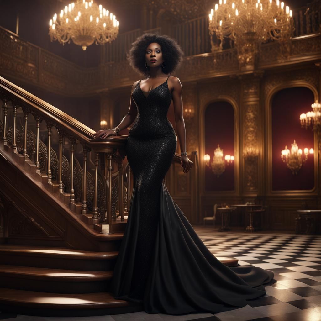 Elegant Woman in Black Gown in Ballroom