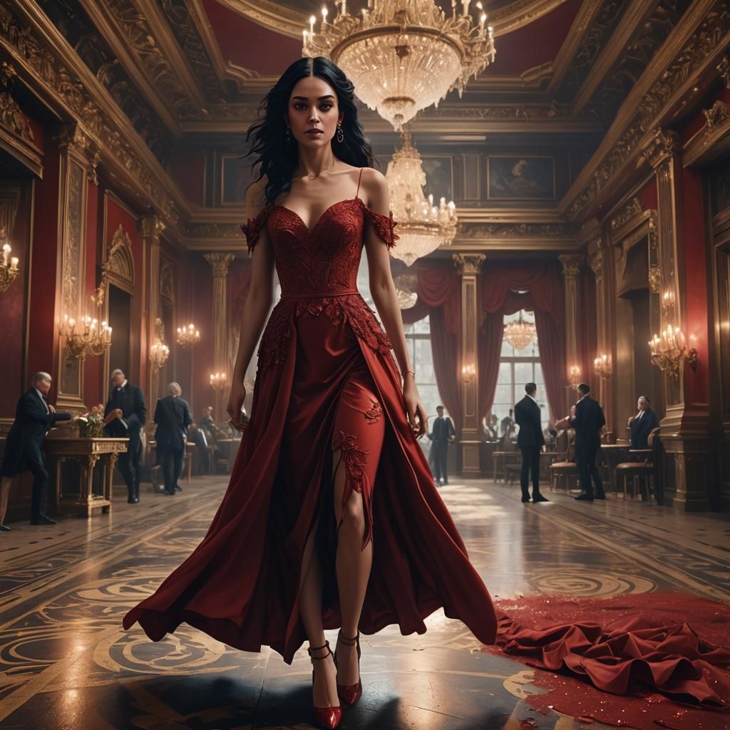 Elegant Woman in Red Dress Enters Ballroom