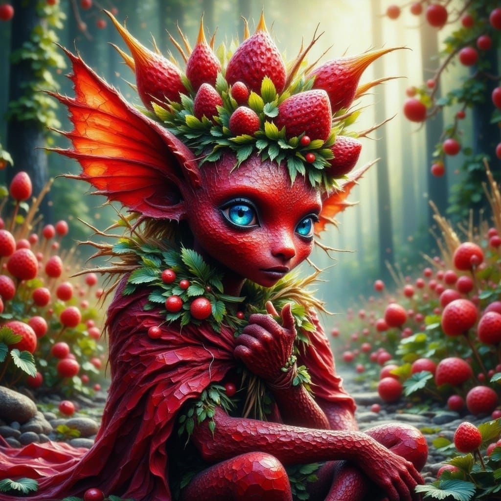 Mythical Strawberry Queen Goblin in Impasto Style with Crown...