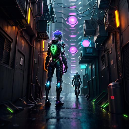 Biopunk Cityscape: Rain-Soaked Cyberpunk Alleyway