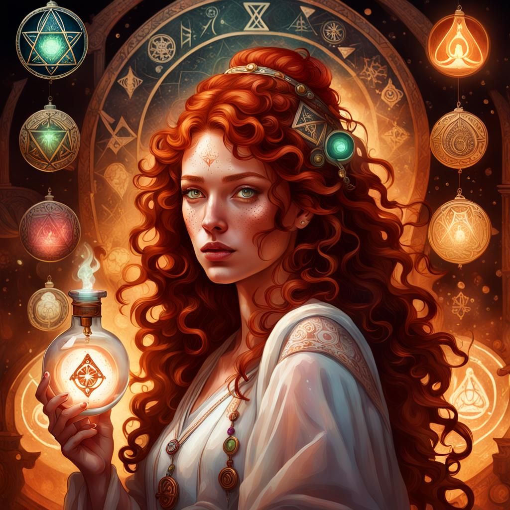 Alchemist Portrait of Red-Haired Woman in Art Nouveau Style