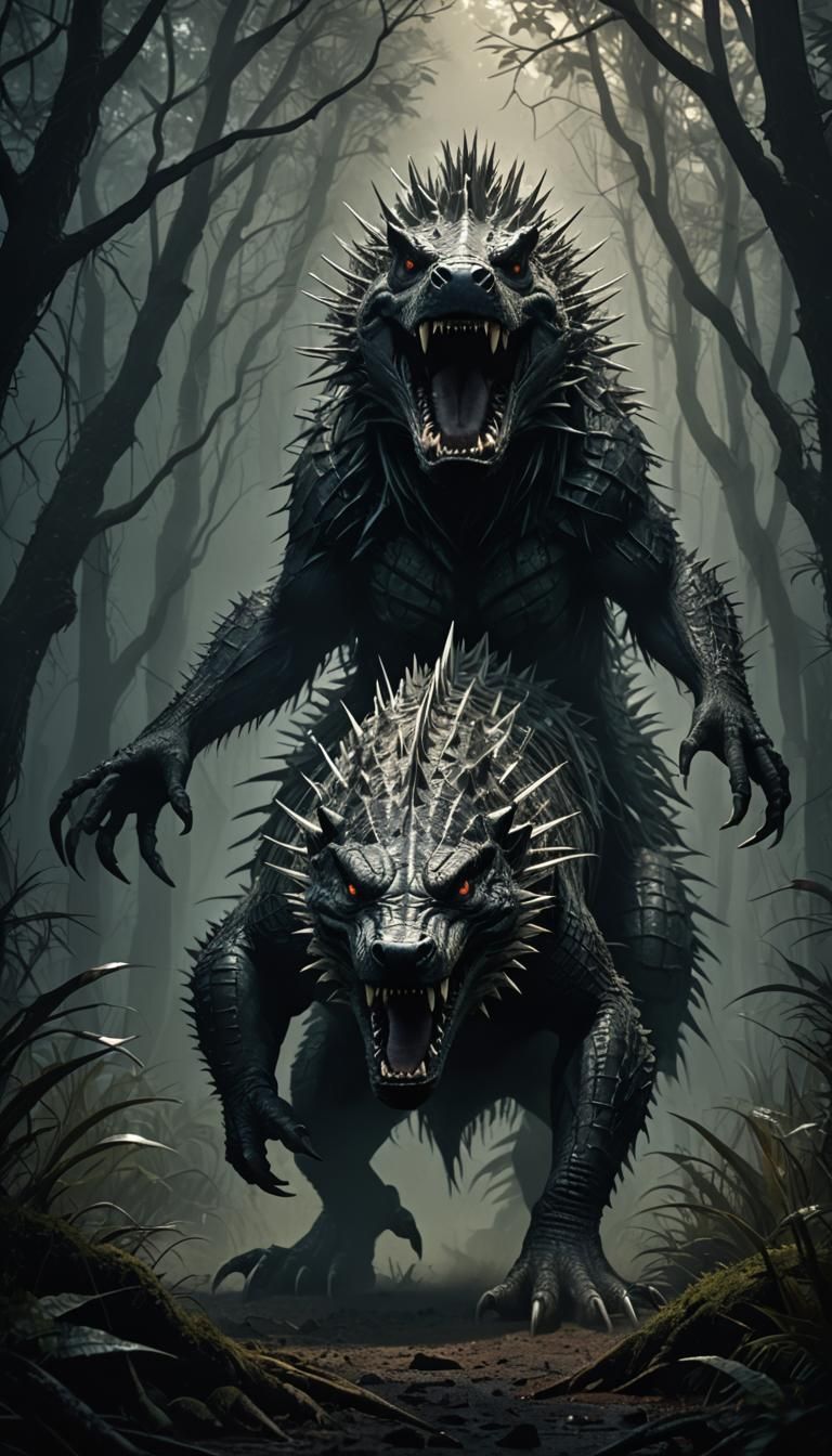 Menacing Crocoporcupine in Dark Fantasy Forest