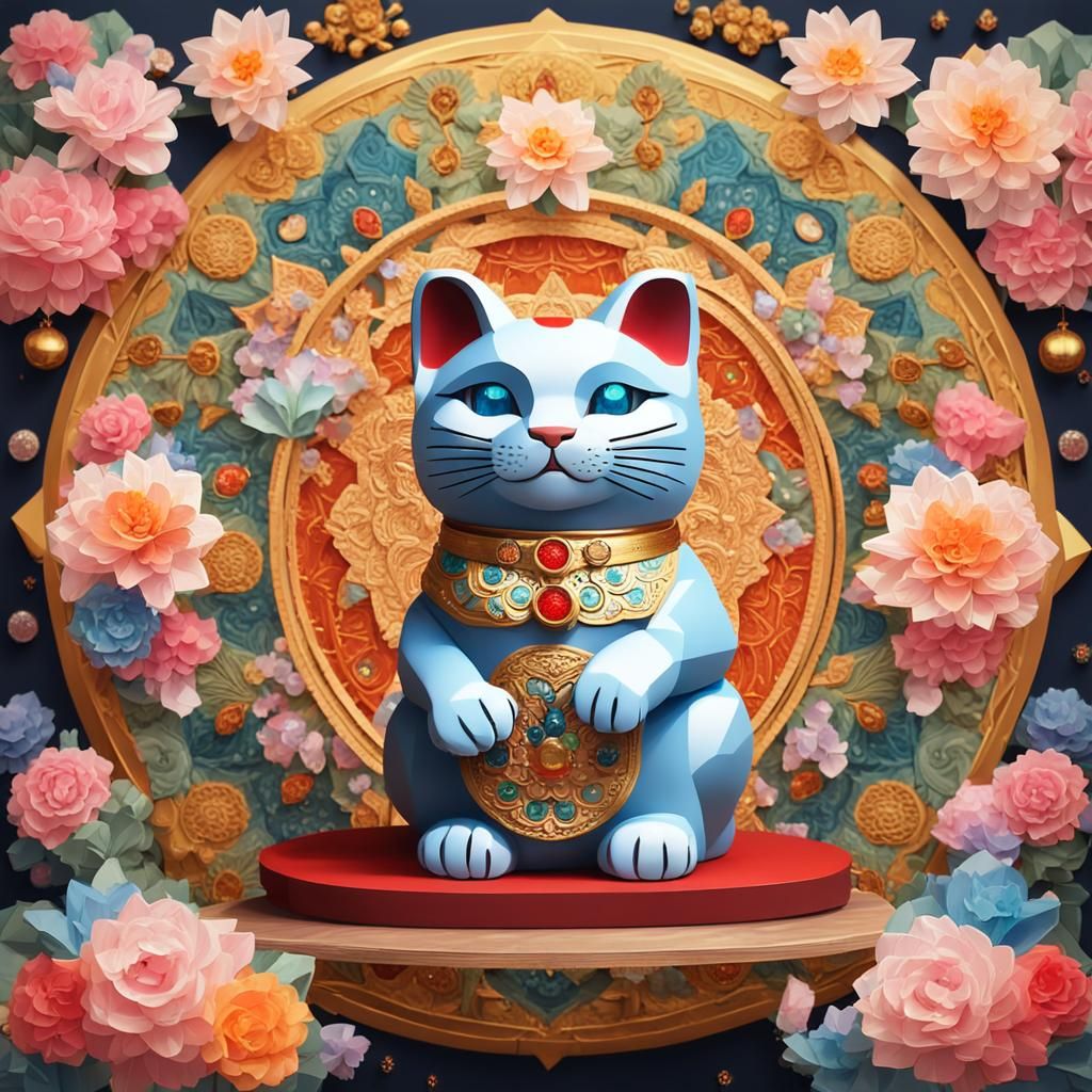 Baroque Maneki Neko with Origami Paper Folds