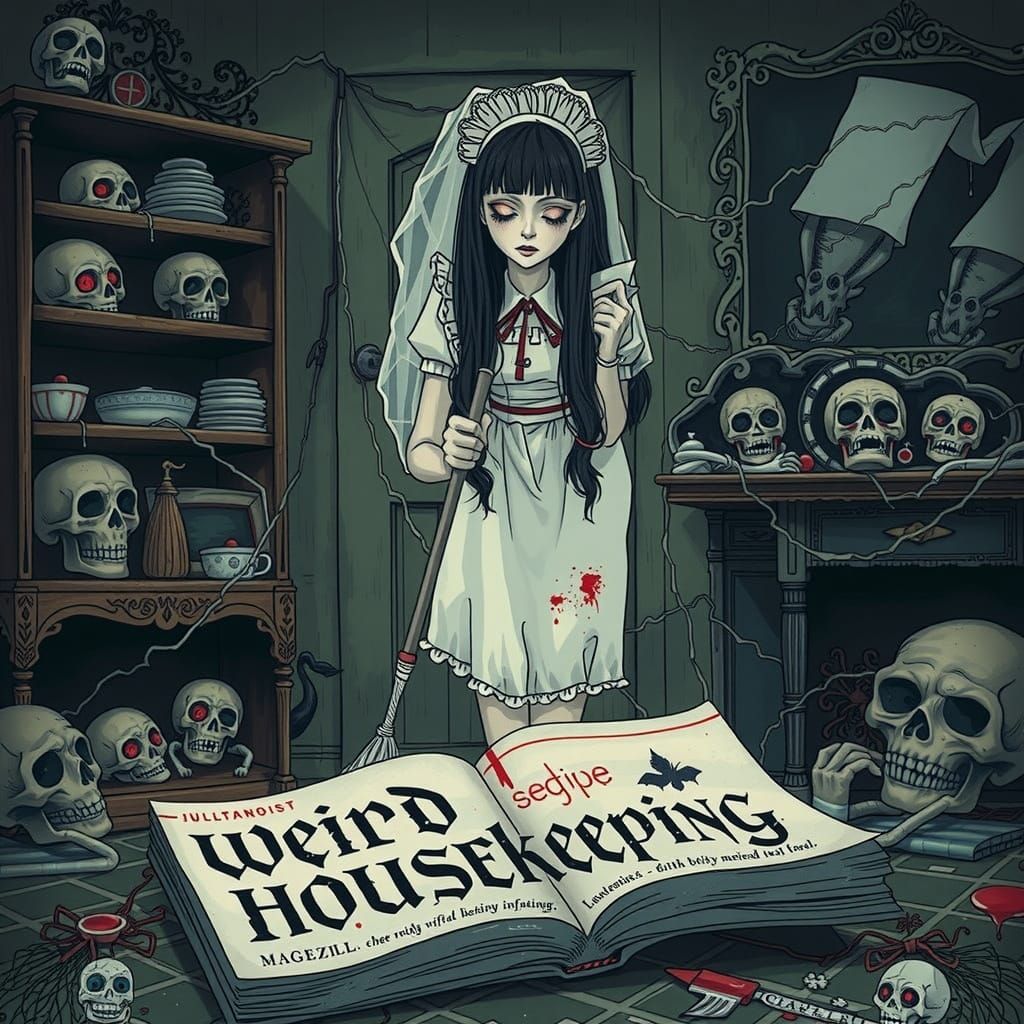 Eerie Surrealist Maid Amidst Macabre Dust Bunnies and Skulls