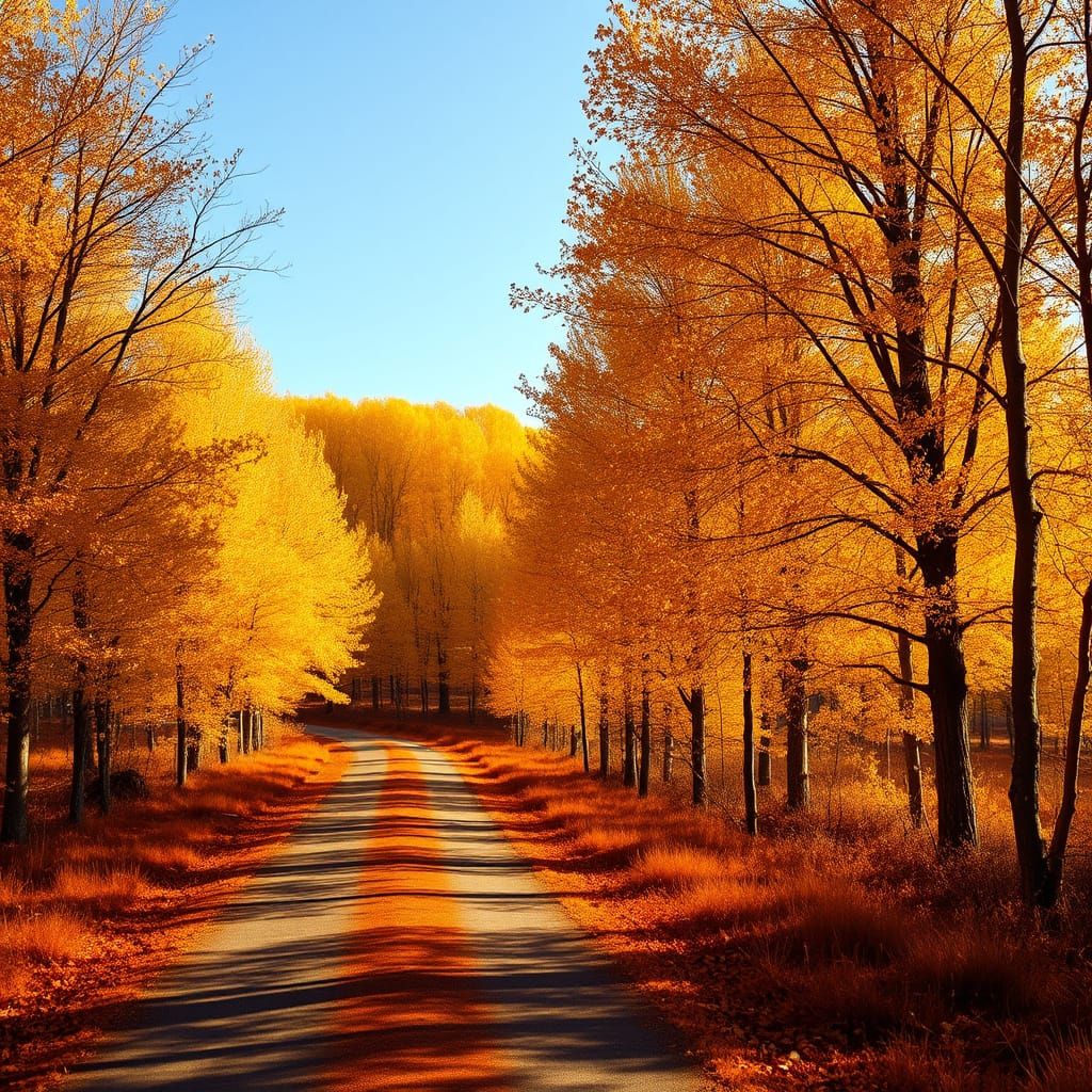 Golden Autumn Forest with Majestic Trees in Winding Pathway