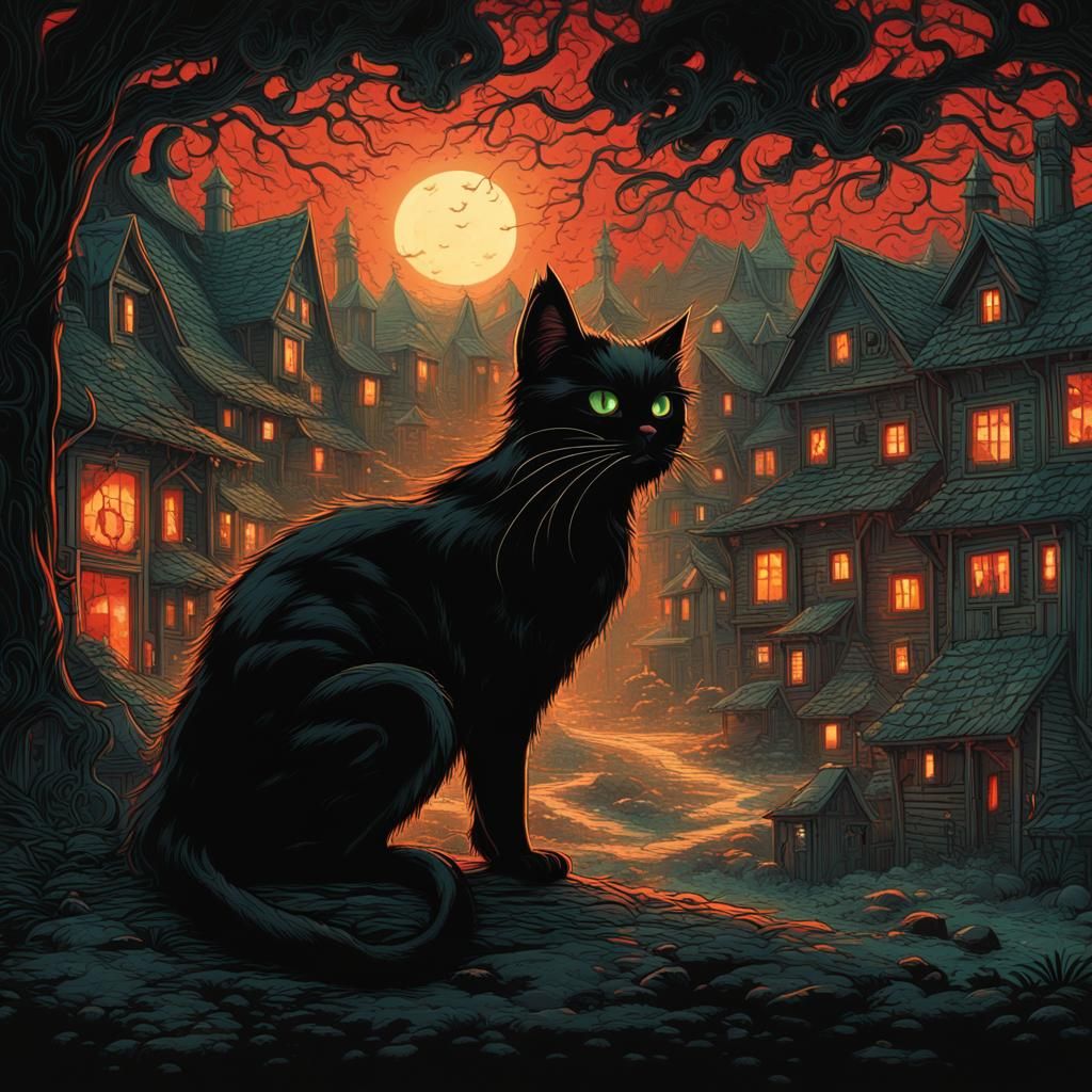 Black Cat in Spooky Village: A Hyperrealistic Masterpiece