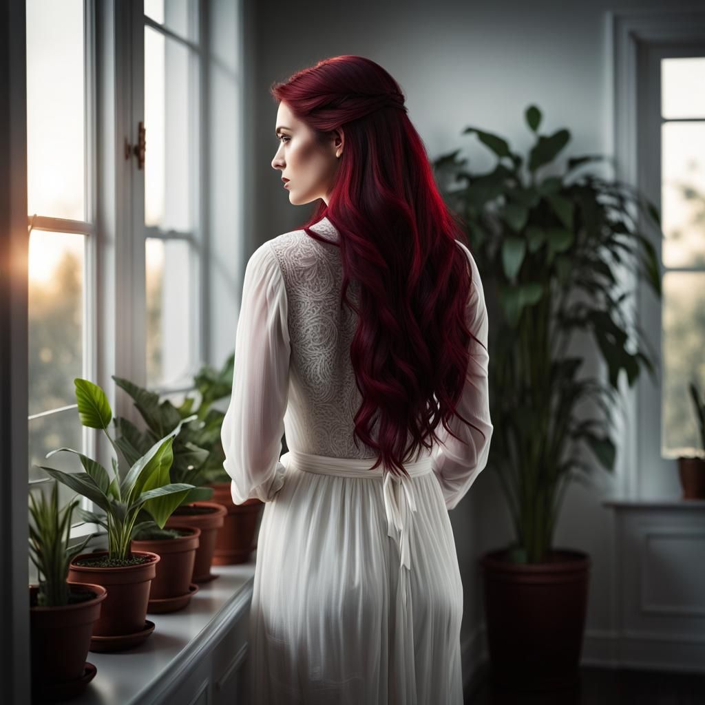Woman in White Gazing at Dawn Window
