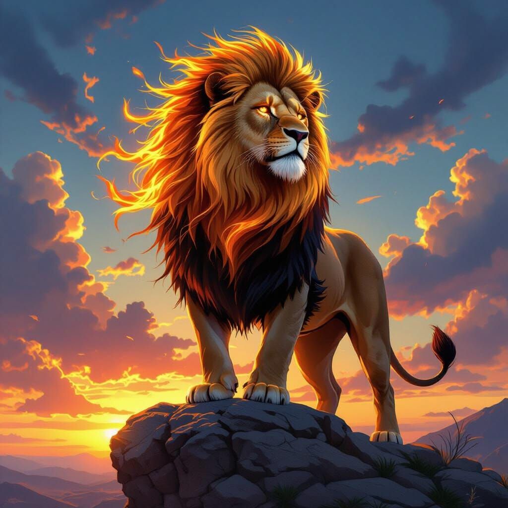 Fiery Lion on Rocky Crag at Sunset