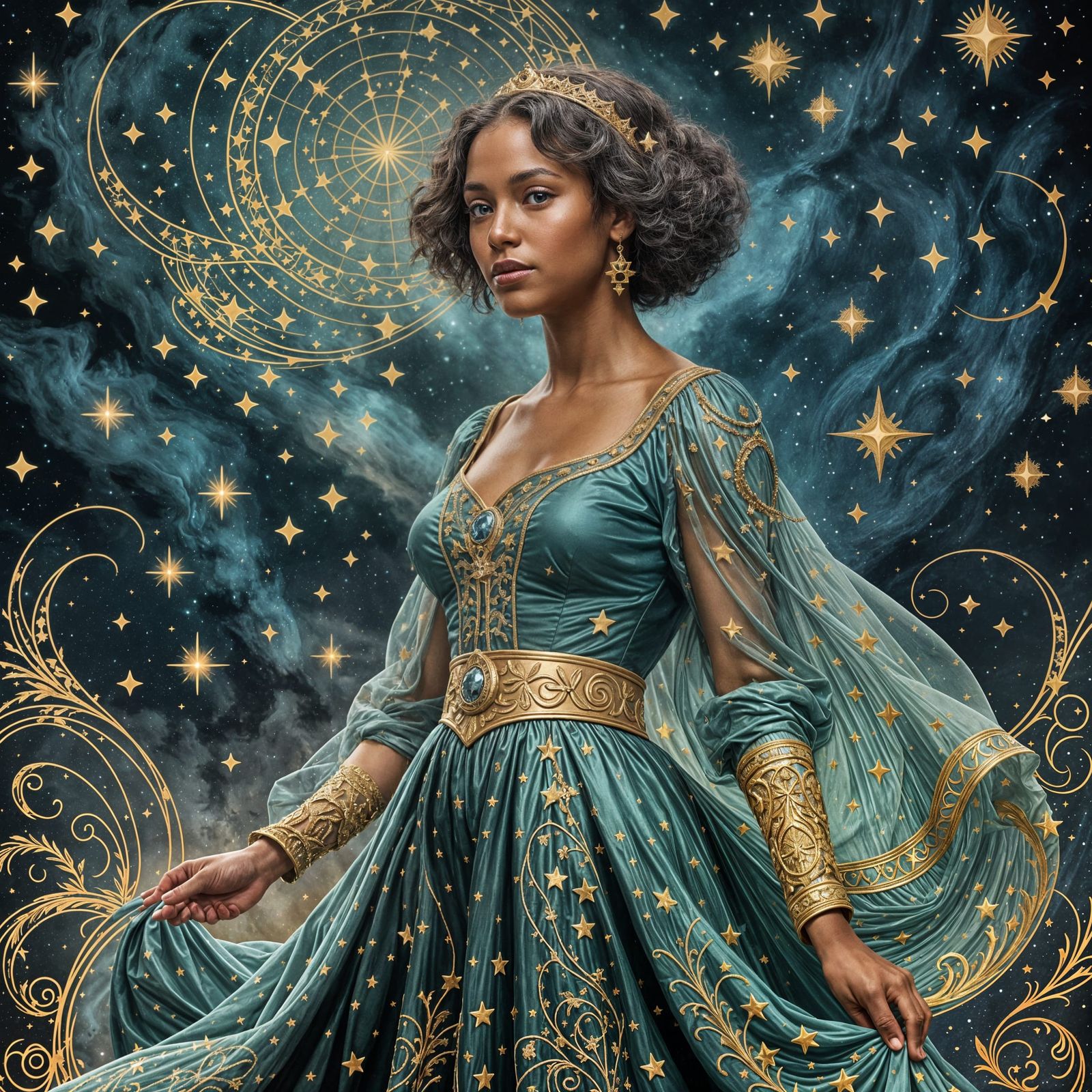 Virgo Personified: Damsel in Aqua, Gold and Black