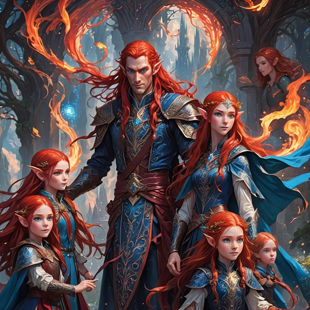 A tall  single elven male with very long red hair, blue eyes...