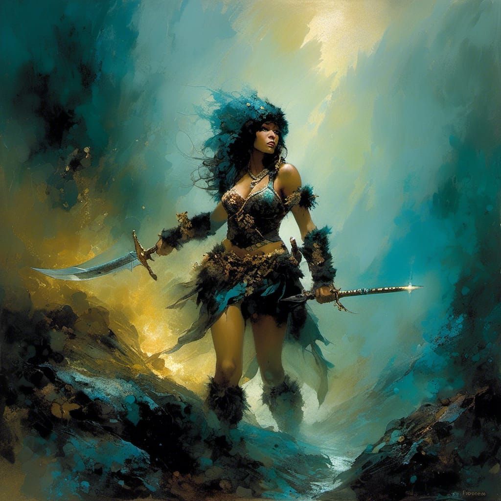 Barbarian Woman Ready for Battle in Ethereal Mist