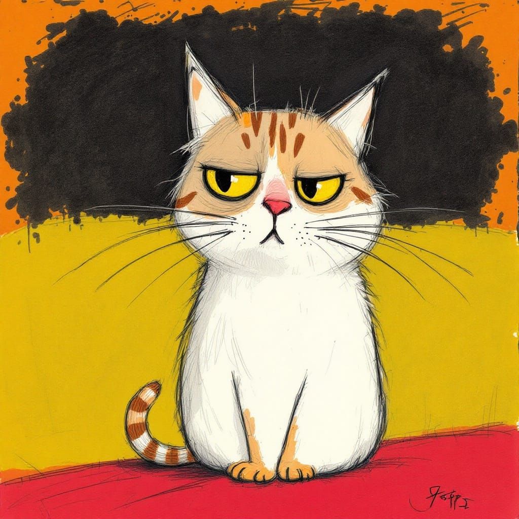 Whimsical Feline Figure in Ink Drawing Style