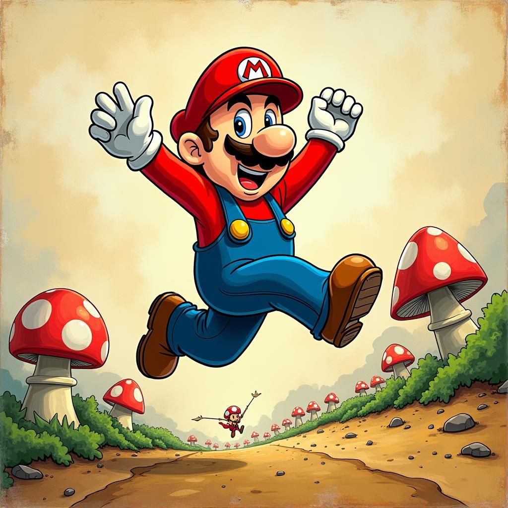 Mario's Joyful Jump in Mushroom Kingdom Art