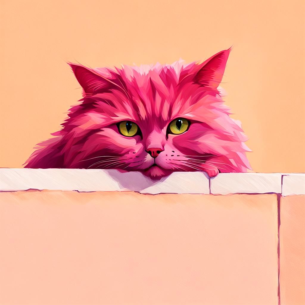 Magenta Cat with Red Nose Peeking From Wall