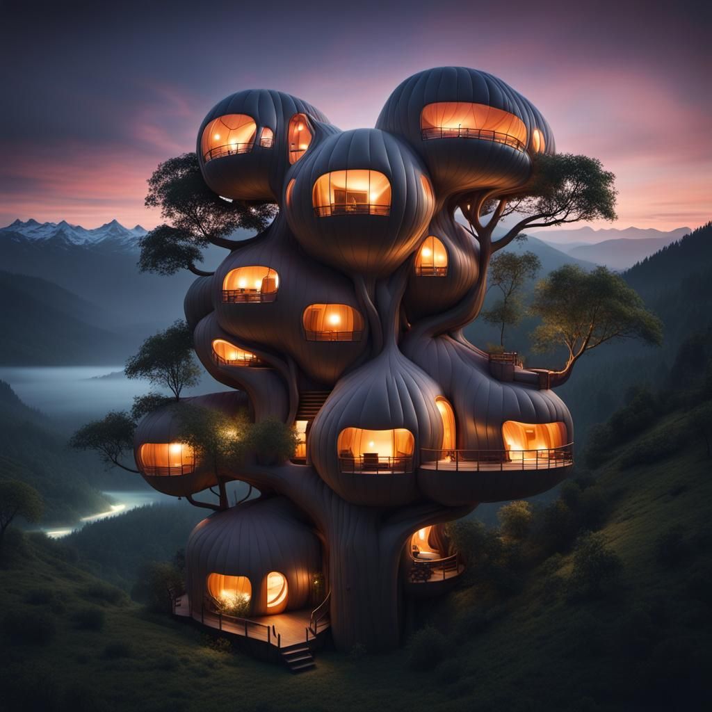Luminous Inflatable Treehouse Architecture at Night