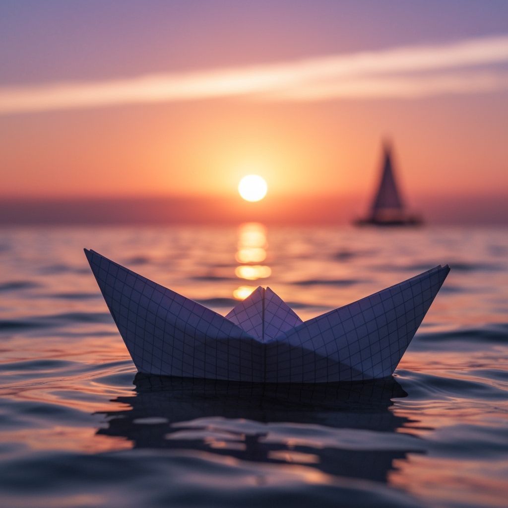 Paper Boat Sails into Sunset on Ocean Waves