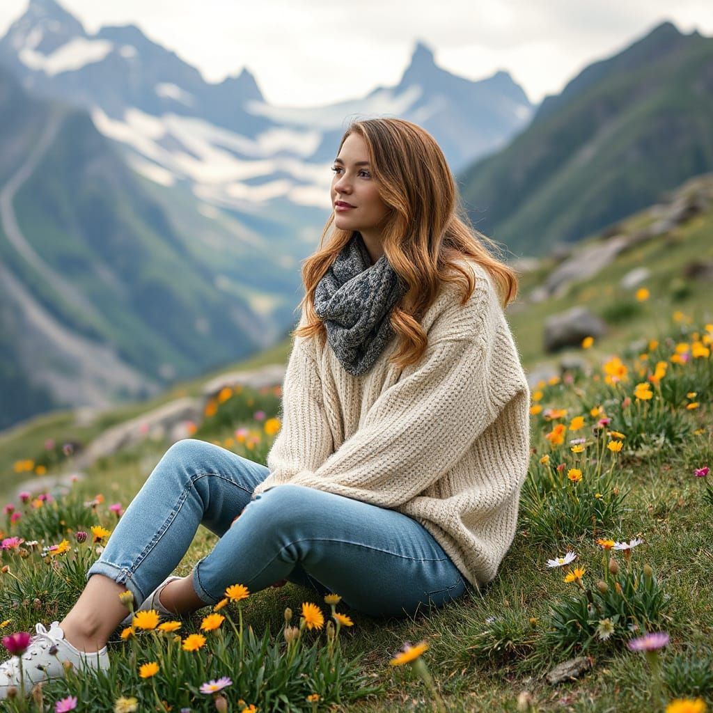Serene Mountain Meadow with Woman and Wildflowers