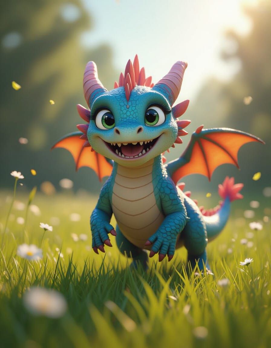Joyful Blue and Pink Dragon in Sunlit Meadow
