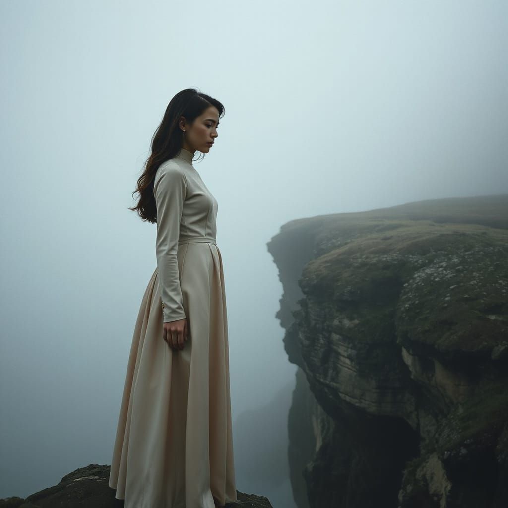 Woman on Misty Cliff Contemplates Future