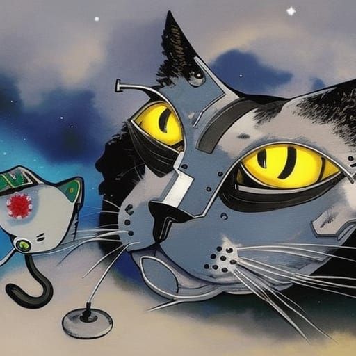 Dystopian Biopunk Cat Painting in Surreal Style