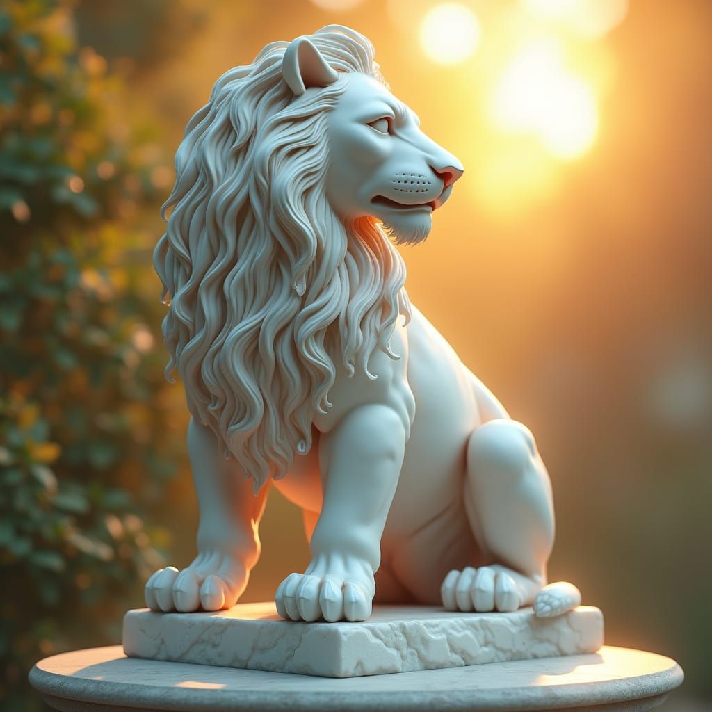 Majestic Art Nouveau Lion Sculpture in Pure White Carrara Ma...