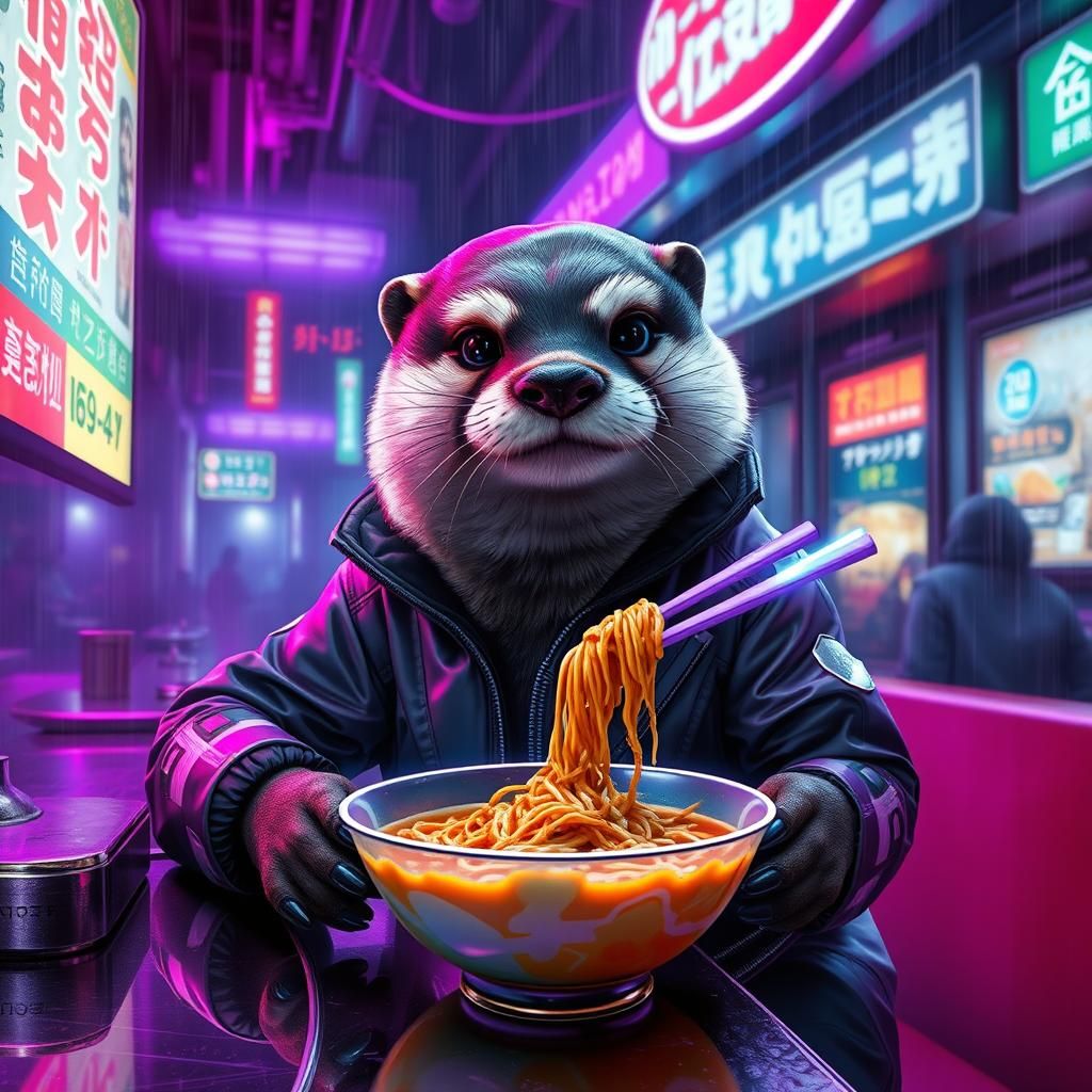 Cyberpunk Otter Slurping Noodles in Neon Rain