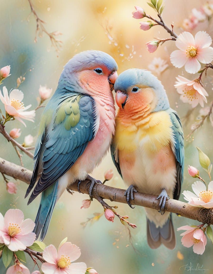 Pastel Lovebirds in Watercolor Impressionism