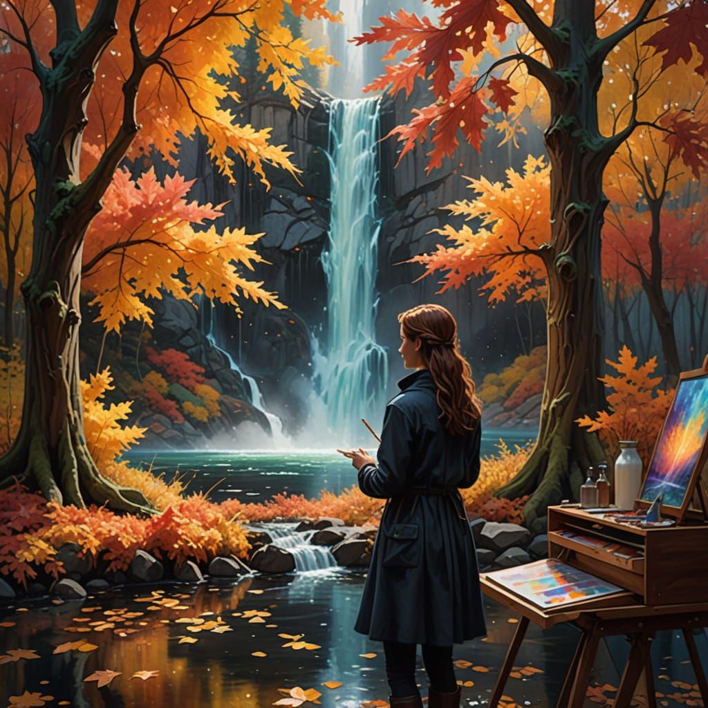 Artist Paints Autumn Waterfall in Surreal Studio