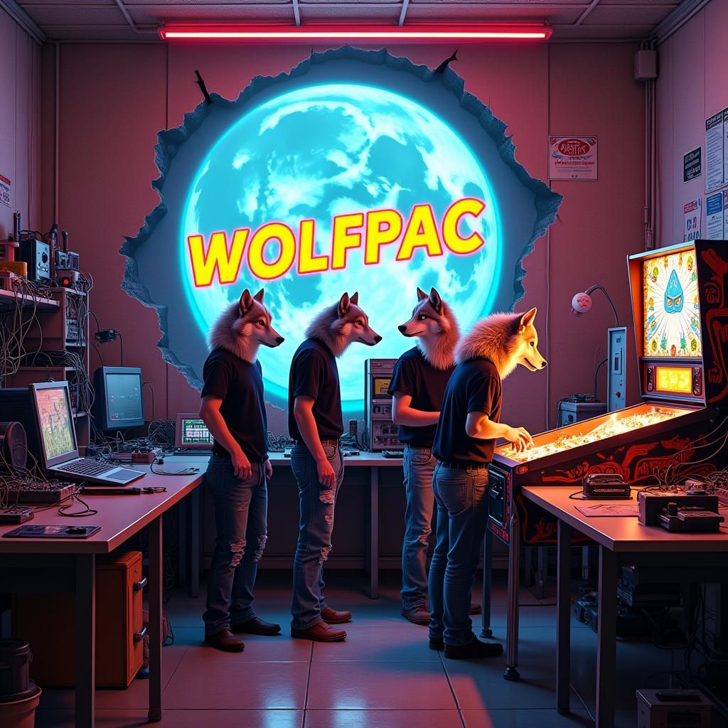 Cyberpunk Electronics Lab with Wolves Playing Pinball