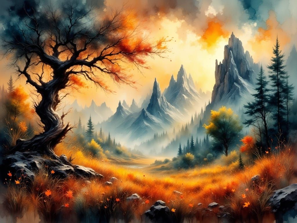 Misty Valley Landscape in Watercolor and Impasto Style