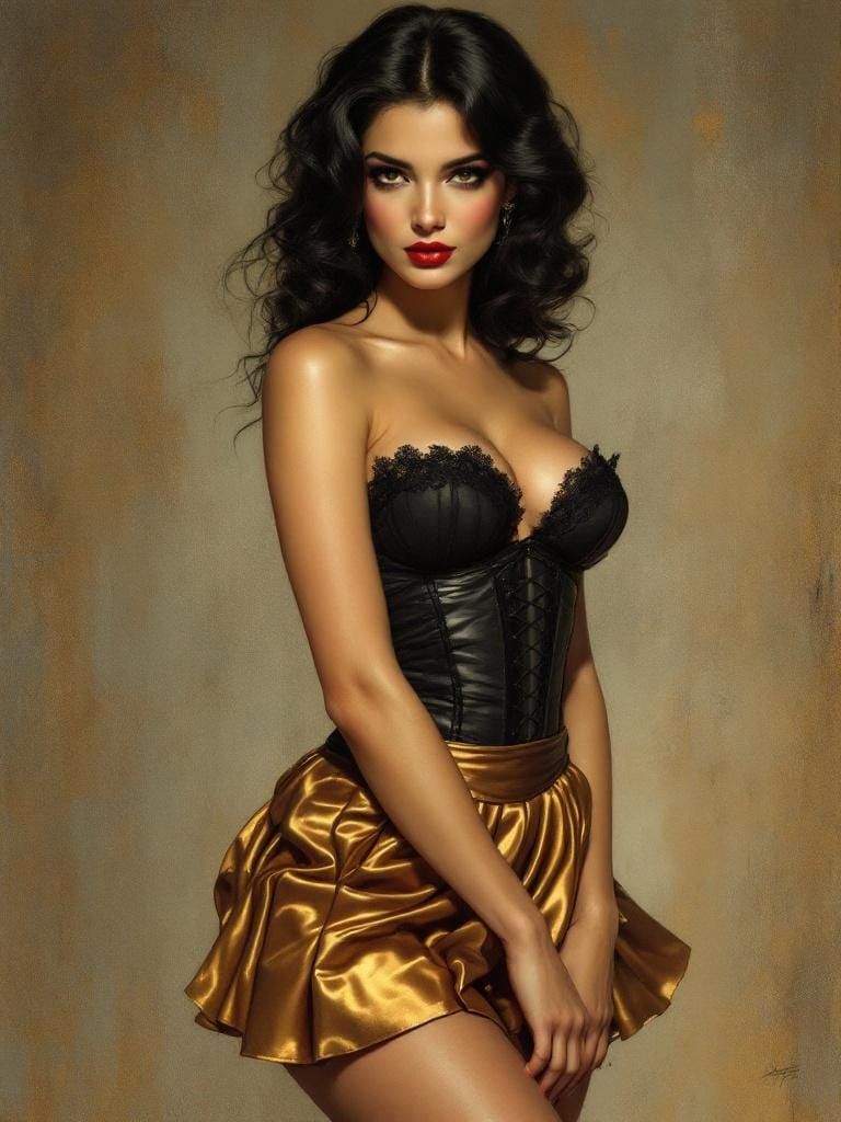 Raven-Haired Pin-Up in Art Nouveau Style